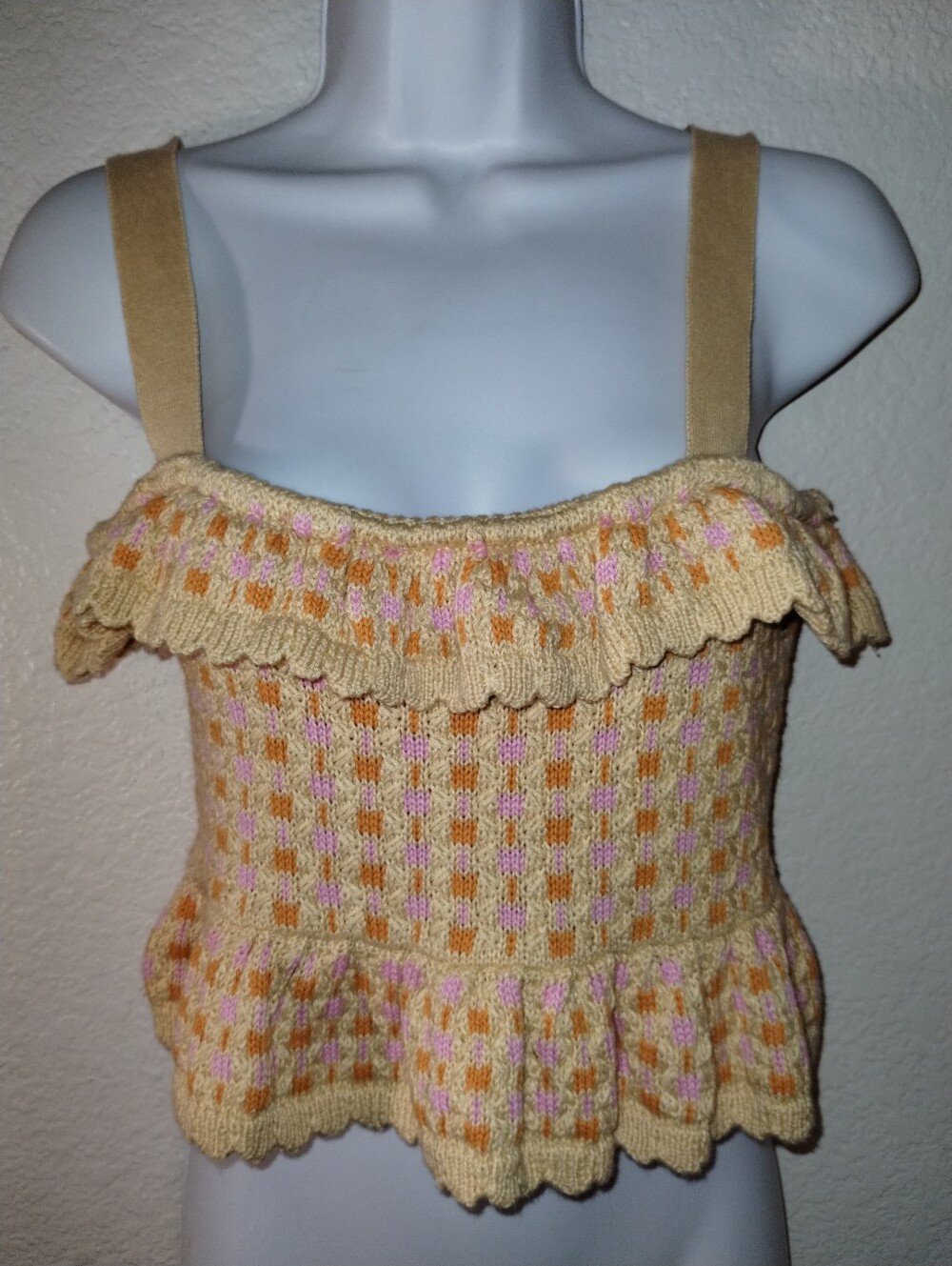 ZARA Knit Ruffled Tank Top in Pale Yellow with Pink & Orange Accents sz Small